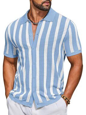 Men's Ice  Light Blue & White Knit Short Sleeve Button Down Polo Striped Casual